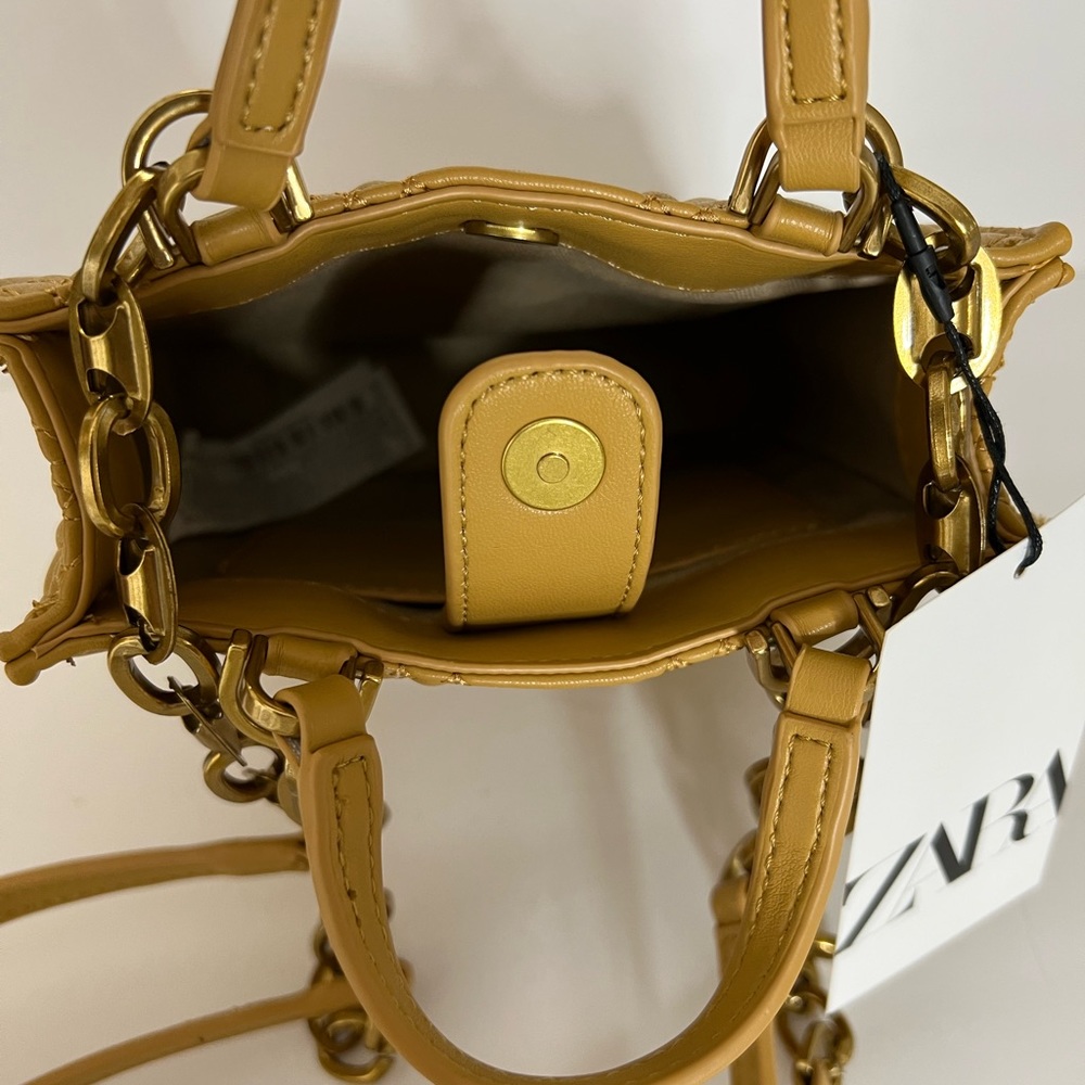 Zara Womens Shoulder Bag Quilt Mustard Yellow Mini Tote Crossbody Bag Purse New - Picture 6 of 15